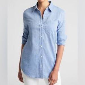 GAP | Boyfriend Fit Button Down Shirt Linen/Cotton Blend Light Blue Size Medium